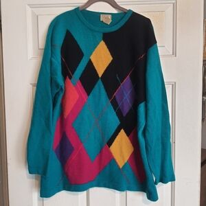 Casual Corner Vtg 80s 90s Colorful Fuzzy Angora Argyle Sweater Long Retro Large
